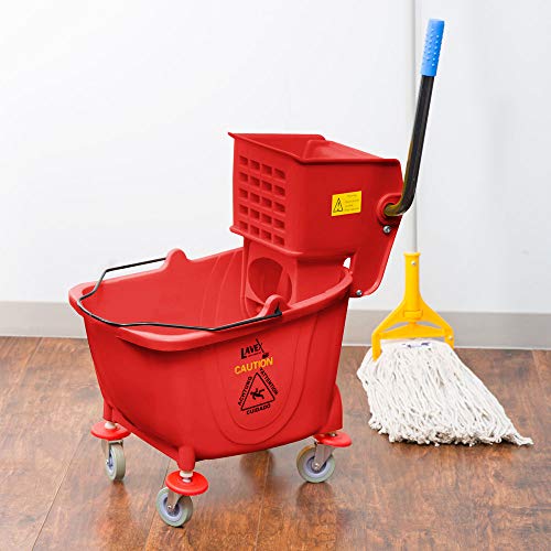 Red Lavex Janitorial 35 Qt./ 9 Gallon/ 34 Liters Brown Mop Bucket & Side Press Wringer Combo. Perfect to use at Home, Commercial, Restaurant, Hotel, School, Front-of-House, bathrooms, The Kitchen.