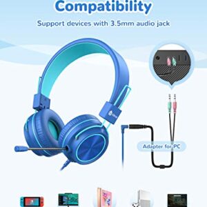 iClever HS21 Kids Headphones with Microphone for Virtual School- Rotatable Extendable Mic - 94 dB Volume-Safe Headphones for Kids, Wired Foldable Kids Gaming Headset for PS4/Xbox One/Switch/PC/Tablet