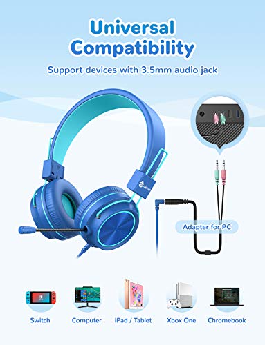 iClever HS21 Kids Headphones with Microphone for Virtual School- Rotatable Extendable Mic - 94 dB Volume-Safe Headphones for Kids, Wired Foldable Kids Gaming Headset for PS4/Xbox One/Switch/PC/Tablet