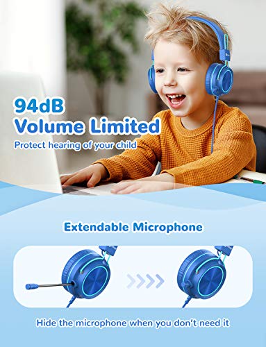 iClever HS21 Kids Headphones with Microphone for Virtual School- Rotatable Extendable Mic - 94 dB Volume-Safe Headphones for Kids, Wired Foldable Kids Gaming Headset for PS4/Xbox One/Switch/PC/Tablet