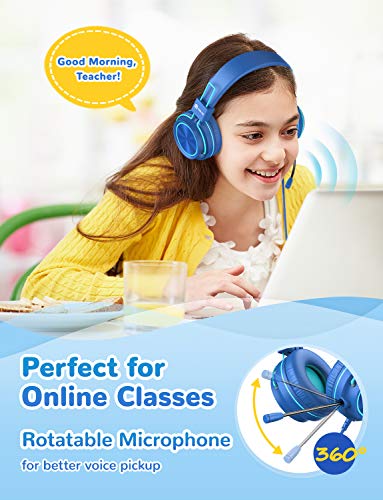 iClever HS21 Kids Headphones with Microphone for Virtual School- Rotatable Extendable Mic - 94 dB Volume-Safe Headphones for Kids, Wired Foldable Kids Gaming Headset for PS4/Xbox One/Switch/PC/Tablet