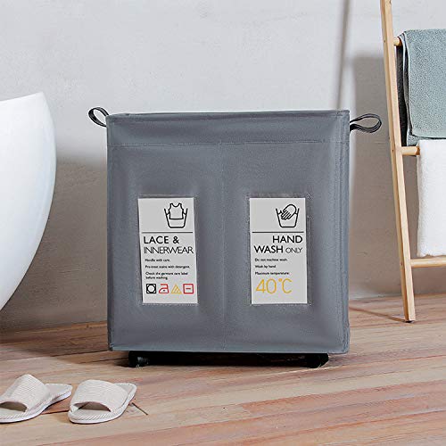 Houseware Double Laundry Hamper with Wheels Removable Laundry Bags Foldable Corner Storage Bins Collapsible Rolling Laundry Basket (Grey）