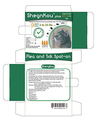 Cat Flea and Tick Treatment and Prevention, Effective Spot-On Made with Natural Formula, 2-25 lbs, (9 Month Supply)