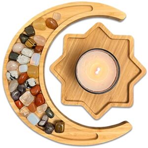 suqoon wooden crescent moon & star tray - crystals & stones holder - exquisite serving tray set for appetizers, cookies - 11.5 inch crescent moon tray for healing crystals storage & 8 inch star tray