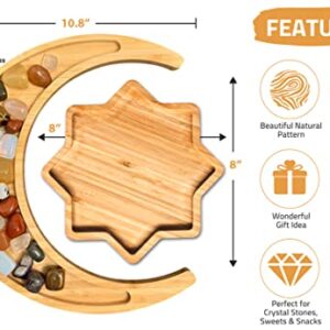 Suqoon Wooden Crescent Moon & Star Tray - Crystals & Stones Holder - Exquisite Serving Tray Set for Appetizers, Cookies - 11.5 inch Crescent Moon Tray for Healing Crystals Storage & 8 inch Star Tray