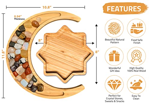 Suqoon Wooden Crescent Moon & Star Tray - Crystals & Stones Holder - Exquisite Serving Tray Set for Appetizers, Cookies - 11.5 inch Crescent Moon Tray for Healing Crystals Storage & 8 inch Star Tray