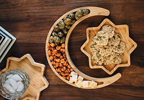 Suqoon Wooden Crescent Moon & Star Tray - Crystals & Stones Holder - Exquisite Serving Tray Set for Appetizers, Cookies - 11.5 inch Crescent Moon Tray for Healing Crystals Storage & 8 inch Star Tray