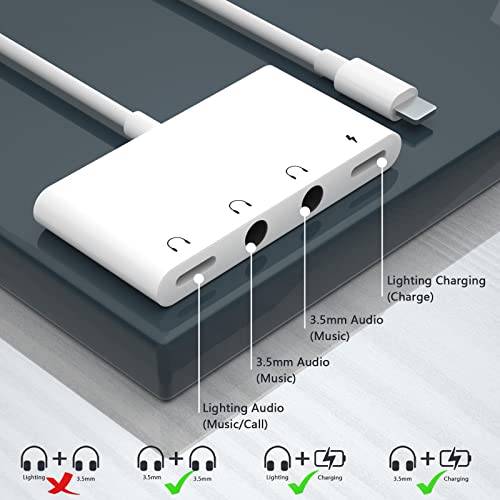 Unitrox 4 in 1 Headphone Jack Audio Charger Adapter & Splitter, iPhone Headphone Jack + Dual 3.5mm Headphone Jack + Charging Port for iPhone 14 13 12 11 X 8 7 / iPad- Support iOS 16