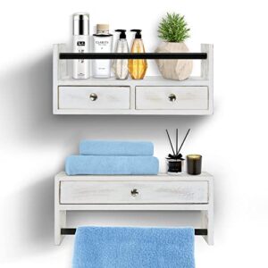 y&me ym bathroom shelf with drawers set of 2, floating nightstands for bedroom, wall shelf with drawer and towel rack wall mounted, floating drawer for bathroom, bedroom, living room, kitchen (white)