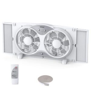 shinic 9" blades twin window fan with reversible airflow, remote control, 3 speeds, 3 functions, bathroom kitchen exhaust fan, width adjustable (from 23.5" to 37") etl certified small window fan