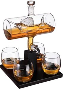 swordfish & sailfish wine &whiskey decanter dispenser and 4 liquor glasses - fishing & boat decanter & glass set - fishing gifts for men bourbon & scotch decanter for alcohol - fisherman gifts for dad
