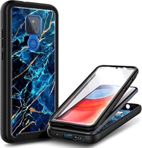 nznd case for motorola moto g play 2021 with [built-in screen protector], full-body protective shockproof rugged bumper, impact resist durable phone cover case (marble design sapphire)