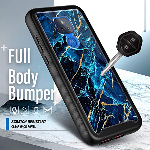 NZND Case for Motorola Moto G Play 2021 with [Built-in Screen Protector], Full-Body Protective Shockproof Rugged Bumper, Impact Resist Durable Phone Cover Case (Marble Design Sapphire)