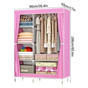 QUMENEY Wardrobe Storage Closet, Portable Clothes Standing Shelves Organizer, Extra Strong and Durable Non-Woven Fabric Rack with Hanging Rods, Quick and Easy to Assemble (Pink Dots)