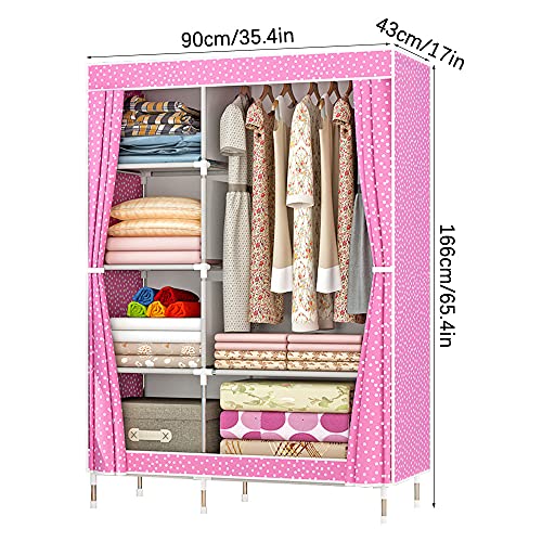 QUMENEY Wardrobe Storage Closet, Portable Clothes Standing Shelves Organizer, Extra Strong and Durable Non-Woven Fabric Rack with Hanging Rods, Quick and Easy to Assemble (Pink Dots)