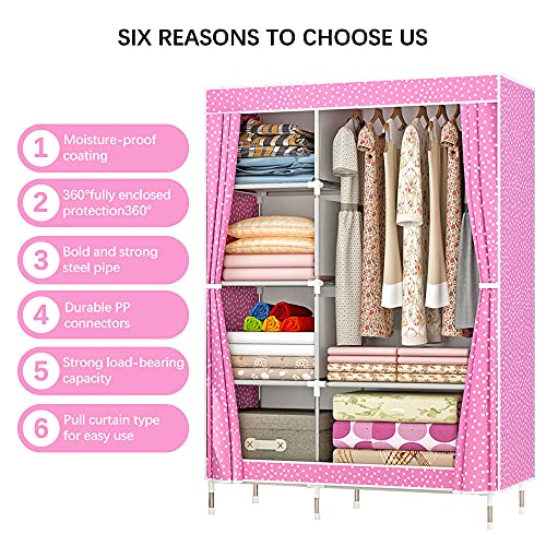 QUMENEY Wardrobe Storage Closet, Portable Clothes Standing Shelves Organizer, Extra Strong and Durable Non-Woven Fabric Rack with Hanging Rods, Quick and Easy to Assemble (Pink Dots)