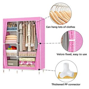 QUMENEY Wardrobe Storage Closet, Portable Clothes Standing Shelves Organizer, Extra Strong and Durable Non-Woven Fabric Rack with Hanging Rods, Quick and Easy to Assemble (Pink Dots)