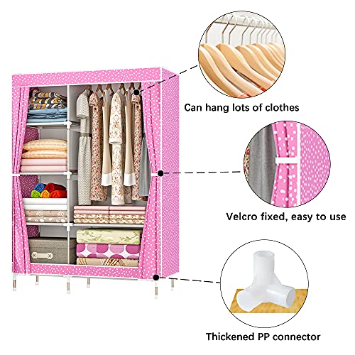 QUMENEY Wardrobe Storage Closet, Portable Clothes Standing Shelves Organizer, Extra Strong and Durable Non-Woven Fabric Rack with Hanging Rods, Quick and Easy to Assemble (Pink Dots)