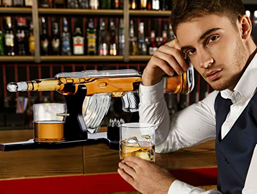 Whiskey Gun Decanter Set + 4 Whisky Bullet Glasses on Gun Shaped Rich Wood Classic Mahogany Base Tray with Bullet Chilling Stones Gift Packaging - for Liquor Scotch Bourbon - Christmas Holiday Gift