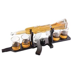 Whiskey Gun Decanter Set + 4 Whisky Bullet Glasses on Gun Shaped Rich Wood Classic Mahogany Base Tray with Bullet Chilling Stones Gift Packaging - for Liquor Scotch Bourbon - Christmas Holiday Gift