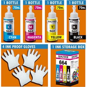 QUALITAT Epson 664 Ink Refill Bottles | All 4 Colors + 4 Gloves + Ink Storage Box | Epson 664 for L365 Ink, ET-2550, ET-2650, ET-2600, ET-2500 (Black, Cyan, Magenta, Yellow) | Tinta 664