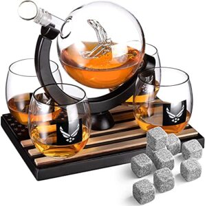 father's day whiskey decanter set with 4 liquor glasses air force whisky decanter & glass set with wood base & 9 whiskey stones - us airforce gifts for men - globe bourbon & scotch gifts for dad