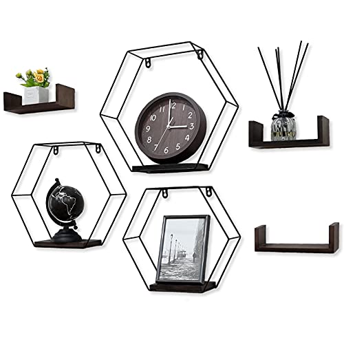 Y & Jason Wall Mounted Honeycomb Floating Shelves, Black Metal Wire Geometric Hexagon Floating Shelf – Set of 6 – Wall Décor for Bedroom, Kitchen, Living Room, Office