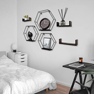 Y & Jason Wall Mounted Honeycomb Floating Shelves, Black Metal Wire Geometric Hexagon Floating Shelf – Set of 6 – Wall Décor for Bedroom, Kitchen, Living Room, Office