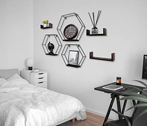 Y & Jason Wall Mounted Honeycomb Floating Shelves, Black Metal Wire Geometric Hexagon Floating Shelf – Set of 6 – Wall Décor for Bedroom, Kitchen, Living Room, Office