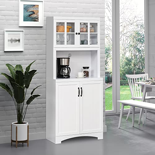 HOMCOM Accent Kitchen Buffet and Hutch Wooden Storage Cabinet with Glass Framed Door, and Microwave Space, White