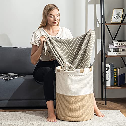 YOUDENOVA 72L Large Woven Laundry Hamper- Tall Laundry Basket for Clothes, Cotton Rope Hamper with Durable Handles, Decorative Brown Laundry Basket for Bedroom and Living Room, 16”W x 22”H