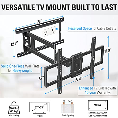 Mounting Dream Long Arm TV Wall Mount for 37-75 Inch TV, Corner TV Wall Mount with 32” Long Extension, Full Motion TV Mount Swivel & Tilt, Fits Max VESA 600x400mm,100 lbs, 16”,18”,24” Studs MD2285-LA