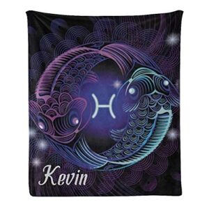 CUXWEOT Custom Blanket with Name Text Personalized Pisces Zodiac Soft Fleece Throw Blanket for Gifts (50 X 60 inches)