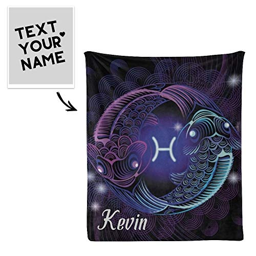 CUXWEOT Custom Blanket with Name Text Personalized Pisces Zodiac Soft Fleece Throw Blanket for Gifts (50 X 60 inches)