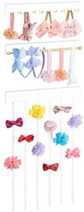 mkono hair bows holder organizer for girls, headband bow rack with golden metal bar and 10 hooks, set of 3 wood hair clips bow storage organizer for girls hair accessories organize