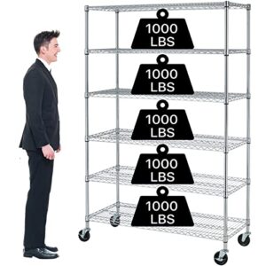 6 tier storage shelves metal wire shelving unit with wheels, 6000lbs weight capacity heavy duty nsf height adjustable garage shelving utility steel commercial grade shelving rack for garage kitchen