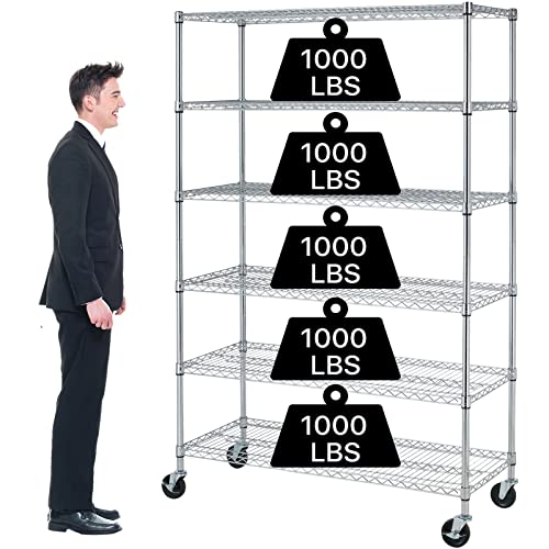 6 Tier Storage Shelves Metal Wire Shelving Unit with Wheels, 6000LBS Weight Capacity Heavy Duty NSF Height Adjustable Garage Shelving Utility Steel Commercial Grade Shelving Rack for Garage Kitchen