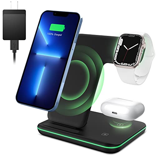 ZEBRE Wireless Charger, 3 in 1 15W Fast Charging Dock Compatible with Apple Watch 7 6 5 4 3 2 SE, AirPods 3/Pro, Stand Compatible with iPhone 14/13/13 Pro/12/11/XR Samsung S22 S21 S10