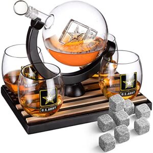 army globe whiskey decanter set & 4 liquor glasses - us army whisky decanter & glass set with wood base and 9 whiskey stones - army gifts for men - bourbon and scotch decanter – military veteran gifts