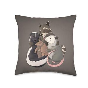the roadkill rebels group hug-raccoon, possum, skunk, and armadillo throw pillow, 16x16, multicolor