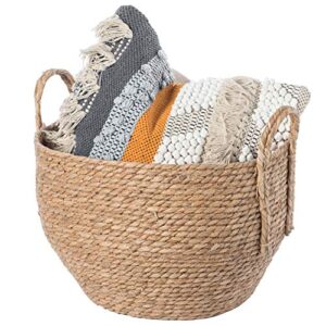 vintiquewise decorative round wicker woven rope storage blanket basket with braided handles - large