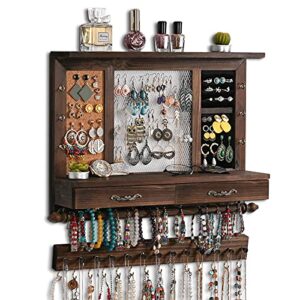 dhmkfly jewelry organizer wall mounted jewelry organizer mesh rustic hanging jewelry holder for earrings necklaces, with drawer hanging jewelry box (rustic)