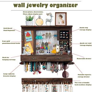 Dhmkfly Jewelry Organizer Wall Mounted Jewelry Organizer Mesh Rustic hanging Jewelry Holder for Earrings Necklaces, with Drawer Hanging Jewelry Box (Rustic)