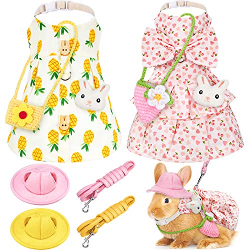 2 Sets Pet Rabbit Bunny Dress Bunny Easter Costume with Leash Hat Mini Bag Harness Leash Small Animals Accessory for Rabbit Hedgehog Ferret Guinea Pigs Piggies Squirrel (Pineapple and Cherry)