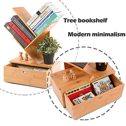 HYNAWIN Bamboo Tree Bookshelf with Drawers, Countertop Organizer, 3-Tier Desktop Display Bookcase in Living Room/Home/Office, Free Standing Storage Rack for Books/Magazines/CDs/Files/Photo Albums