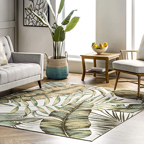 nuLOOM Elen Machine Washable Natural Leaves Area Rug, 4' x 6', Olive