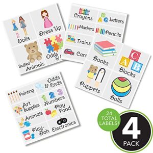 mDesign Home Organization Labels - Preprinted Label Stickers for Toy and Game Storage and Cleaning - Household Organizing for Jars, Canisters, Containers, Bins, and Boxes, 24 Count, Clear/Black/Images