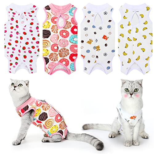 4 Pieces Cat Recovery Suits Cotton Recovery Body Wraps Breathable Kittens Recovery Clothes for Cats Small Dogs Abdominal Recovery Weaning (Banana, Football, Strawberry, Donut,M)