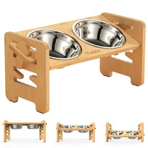 vantic elevated dog bowls-adjustable raised dog bowls with stand for small size dogs and cats,durable bamboo dog feeder with 2 stainless steel bowls and non-slip feet