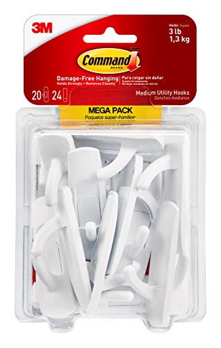 Command Utility Hooks Mega Pack, Medium, White, 20-Hooks (17001-MPES), Organize Damage-Free & Clear Mini Light Clips, 45 Clips, 54 Strips, Indoor Use